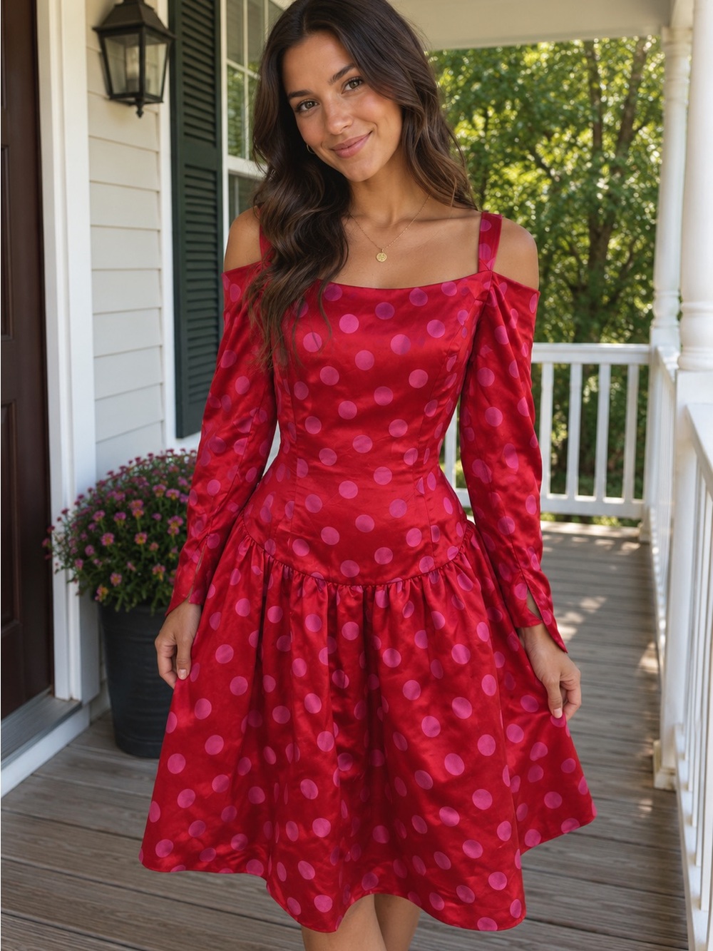 ANN LAWRENCE Saks fifth avenue Red Silk dress pink polka dot size 8